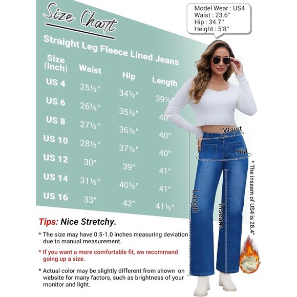 Fleece Lined Jeans Women Straight High Waist Denim Winter Pants with Pockets - Picture 3 of 5